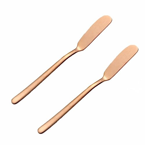 Wambere 2 cuchillos de mantequilla de acero inoxidable de 16,5 cm × 1,8 cm, con mango largo, cuchillo de queso, cuchillo de desayuno, cuchillo de mantequilla, para queso, tartas, pan, postre, oro rosa