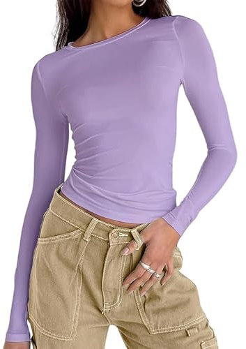 OYIGELZ Maglietta a maniche lunghe da donna, classica a maniche lunghe, Y2K, slim fit, casual, girocollo, maglietta, Lilla, S