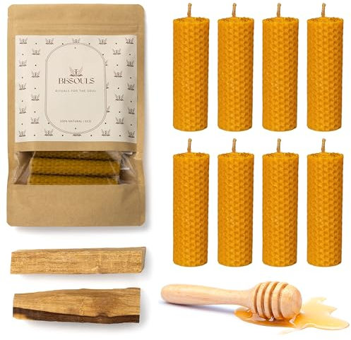 BESOULS 8 Candele cera d'api naturale + 2 Palo Santo in REGALO candela profumata regalo Senza Paraffina, Rituali Magici di Buona Fortuna 11/22 QR con contenuto digitale set candele profumate al miele