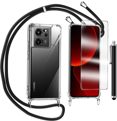TTSWJBD Funda con Cuerda para Xiaomi 13T/Xiaomi 13T Pro y Cristal Templado Protector de Pantalla,Transparente Suave Silicona Carcasa, Ajustable Cordon Collar Colgante Antigolpes Case, Negra