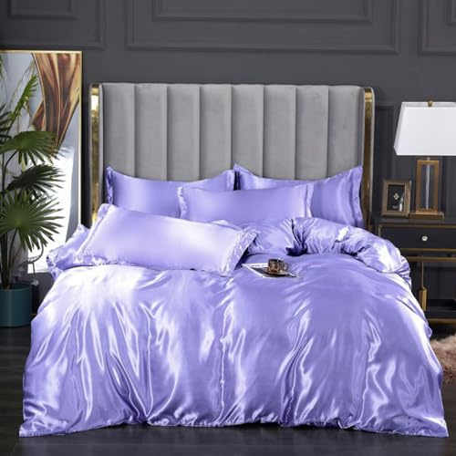 ENEN Duvet Cover Sets Single Double King, Satin Silk Bedding Set Pure Colour Quilt Cover with Fitted Sheet & Pillowcases - 4pcs Duvet Cover Set for Adults, Children (200x230+180cm,Lavender)