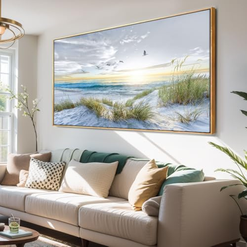 Canvas Prints Wall Art Beach Sunrise Ocean Waves Beach Grass Nature Pictures Stretched Canvas Wooden Framed for living Room Bedroom and Office Home Decor 30x60 with Framed