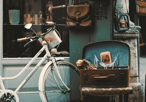 Fototapete Schlafzimmer Kinderzimmer 3D Tapeten 3D Effekt Wohnzimmer Vintage Nostalgie Straßenszene Fahrrad Leder Box Fenster Wandposter Xxl Waterfall Weiß Grau Blumen Wald Natur Mustertapete