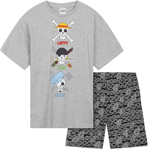 One Piece Pigiama Corto Bambino, 7-14 Anni, Morbido Pigiami Estivi con Maglietta e Pantaloncini, Anime Regalo Ragazzo (Grigio/Nero, 11-12 Anni)