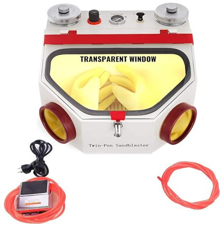BONEW Oral Lab Sandstrahlgerät mit Doppelstift, feines Sandstrahlgerät, großes Sichtfenster, Sandstrahlgerät mit LED-Lampe (Kunststoffbecher)