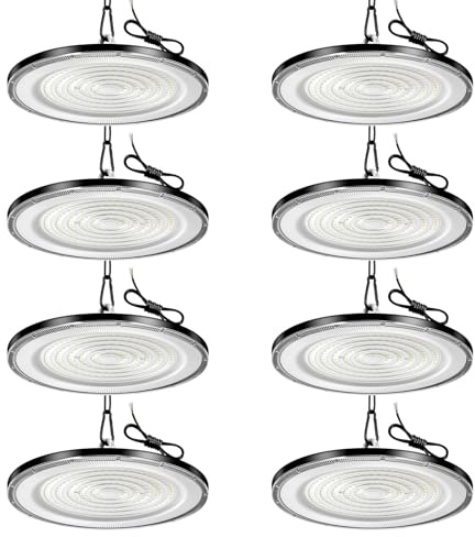 Viugreum 8 Paquetes de UFO LED 300W, Proyector LED exterior 30000LM, Blanco Frío 6500K, AC 85-265V IP65 Impermeable Iluminación de Taller, Led Industrial UFO con Cadena para Fábrica Taller Gimnasio
