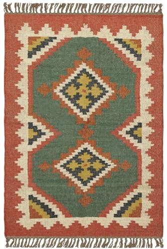 CASAVANI 2x3 Area Rug Reversible Kilim Rug Green Red Wool & Jute Hand Woven Rug Indoor Outdoor Carpet Flatweave Rug High Traffic Area Lake House Bedroom Dining Room Living Room