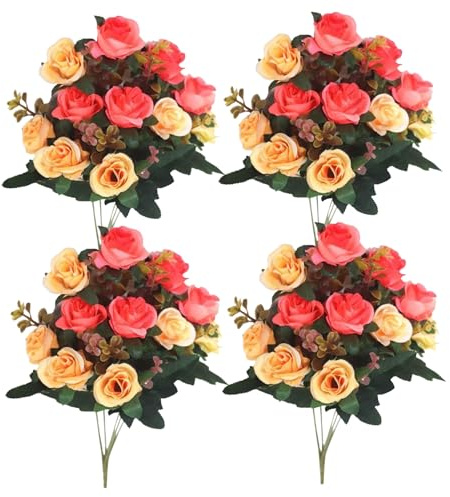 Hperu 4 Bündel künstliche Blumen für Friedhof, Friedhofsblumen für Grab, falsche orange Rosen Friedhofsblumen für Grab 12 Seidenblumenköpfe für Grabgrabsteindekorationen 11.8