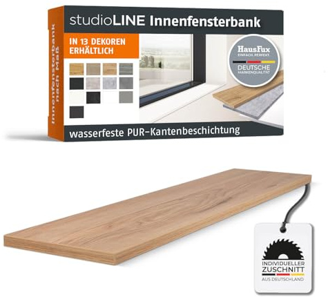 HausFux studioLINE MDF-Innenfensterbank nach Maß - 1,8 cm stark, melaminbeschichtet, mit ABS-Kante - Made in Germany - individueller Zuschnitt (Berg Esche, T x L | 30 x 180 cm)