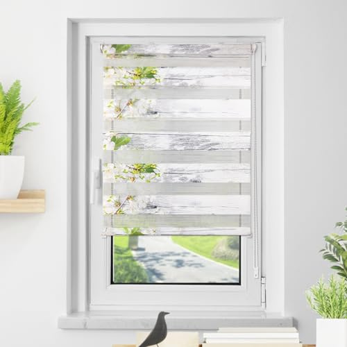 Doppelrollo Klemmfix ohne Bohren Weiß-Blüten B50 x H120 cm (Stoffbreite 46cm) Doppelrollo mit Muster, Duo Rollos für Fenster ohne Bohren Rollos mit Motiv, Seitenzugrollo Lichtdurchlässig