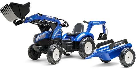 FALK 3090Y - Tractoexcavadora de Pedales New Holland con Excavadora y Remolque, Color Azul, Pala Frontal y Excavadora articulada, Asiento Giratorio, Fabricado en Francia, a Partir de 3 años