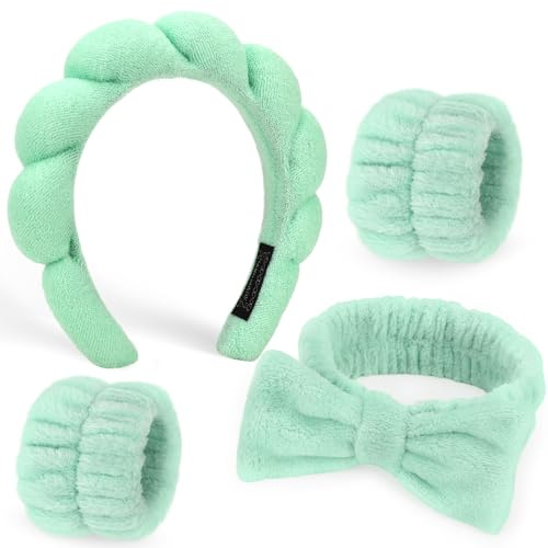 DRESHOW Spa Fascia per Capelli da Donna per il Lavaggio del Viso Set di Polsini Spugna Morbida Terry Panno Trucco Skincare Fascia Antiscivolo per Donna Ragazze 4 Pezzi