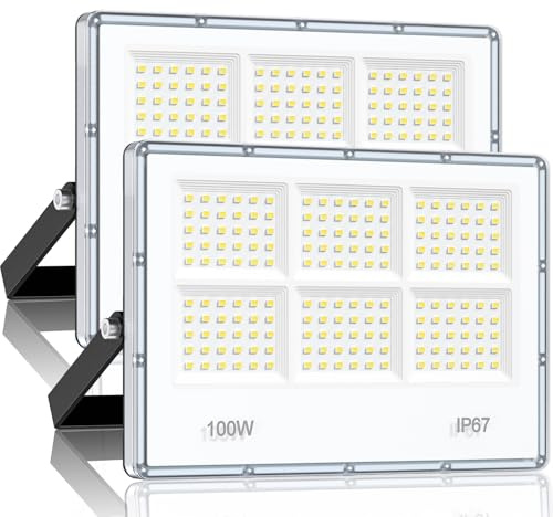 LAMLAMCK 100W LED Strahler Außen - 10000LM 180 LED Fluter Außen, 2 Stück | Außenstrahler Wasserdicht IP67, 7000k Kaltweiß Aussenstrahler Scheinwerfer für Garagen, Höfe, Fabriken, Straßen, Stadien