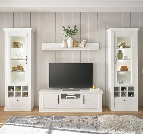 Lomadox Wohnwand Wohnmöbel Set, Pinie weiß, 4-teilig, Landhaus-Stil, 2 Vitrinen, Wandboard, Lowboard, inkl. LED-Beleuchtung