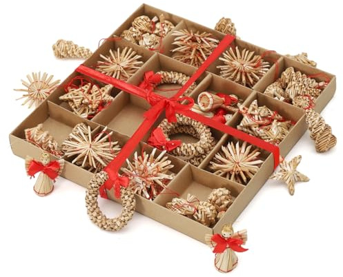 SALCAR 56-teiliges Strohsterne Set, Natürlicher Stroh Anhänger für Weihnachtsdekoration, handgemachter natürlicher Schmuck für Christbäume