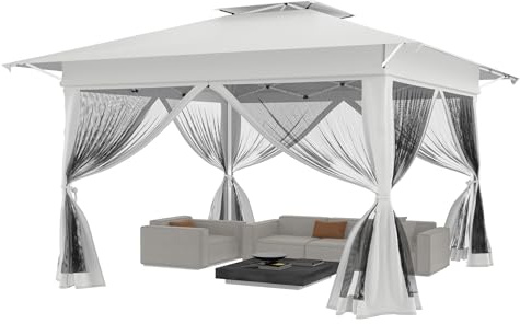 NAIZY Faltpavillon 4x4 m Pavillon mit Moskitonetz Seitenwand Pop Up Gartenpavillon inkl. Tragetasche mit Rollen, Faltbar Zelt aus Metall+Oxford-Tuch Höhenverstellbar Partyzelt, Weiß