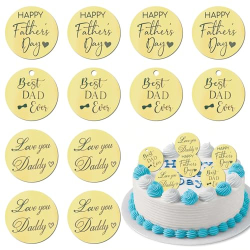 12 Pcs Happy Father's Day Cupcake Topper, Dessert Cake Mirror Round Acrylic Accessory Engraved Happy Father's Day Cake Topper for Baking Dessert Décor