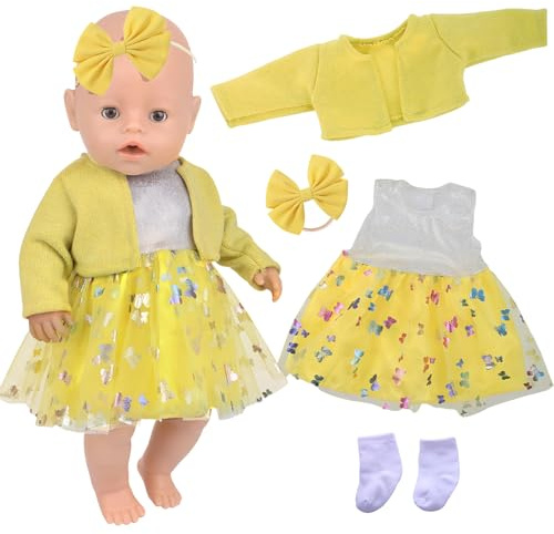 Baby Doll Clothes for 14-17inch Dolls, Cute Baby Doll Outfits mit a Yellow Tulle Skirt, Jacket, Headpiece, stockings, Baby Doll Dress for 35-43cm Dolls, as a Gift for Kids