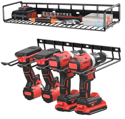 Alsurea 2-Tier Power Tool Organizer, Wall Mount Drill Holder for 4 Power Drill Tools, Rust Resistant Metal, Cordless Battery Tool Shelving for Garage, Workshop