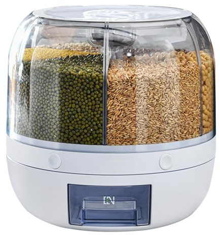Drehbarer Speicherbehälter für Getreide, 6-Grill-Reis- und Getreidespeicherbehälter, 360°-drehender Speiser für die Speicherung von Reis, Bohnen, Getreide mit Kistenabdeckung, Feuchtigkeitsbeständigke