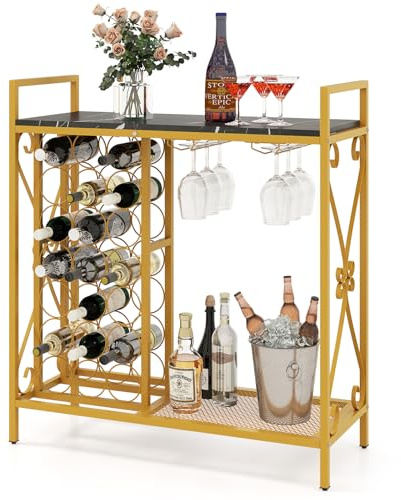 COSTWAY Weinregal für 21 Flaschen, Freistehender Flaschenregal mit Glashalter und Tischplatte, Weinständer Metall, Flaschenhalter für Küche, Esszimmer, Bar, 93 x 38 x 102 cm (Gold)