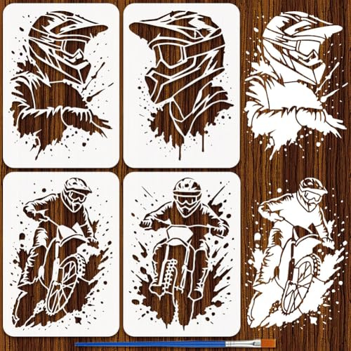 FINGERINSPIRE 4 Stück Motorradfahrer Schablone Mit Pinsel. 29.7x21cm A4 Größe Motocross Schablone Zeichenvorlage Graffiti DIY Malschablonen Motocross Poster Heimdekor Schablonen Zum Malen Auf Holz