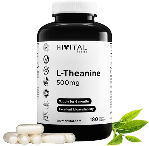 L-Teanina 500 mg. 180 cápsulas veganas para 6 meses. Aminoácido Natural de Extracto de Hojas de Té Verde (Camellia Sinensis). Para la relajación y el estado de ánimo. Fabricado en España. HIVITAL