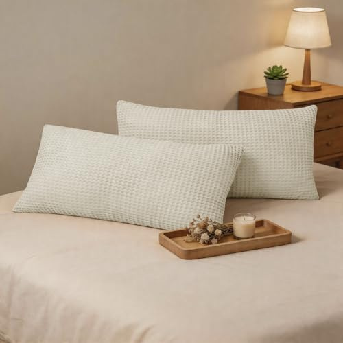 CHUFFED Kissenbezug 40 x 80 Baumwolle 2er Set 100% Baumwolle Kissenhülle Waffelmuster Kissenbezüge Zierkissenbezug Sofakissen Dekokissen Kopfkissenbezug mit Reißverschluss Beige