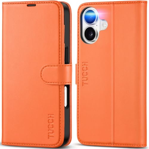 TUCCH Coque pour iPhone 17 6,3 5G 2025 Portefeuille, Orange Cosmique | RFID Blocage, Étui à Rabat Antichoc TPU, Cuir Synthétique, Fonction Support, Fentes pour Cartes Magnétique