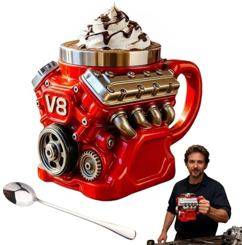 Tazza da caffè con motore V8, in acciaio inox, design retrò, tazza da caffè personalizzata con manico isolato, perfetta per la festa del papà, Natale, marito, meccanico, appassionato di auto