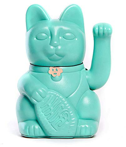 Maneki Neko Gatto Portafortuna Giapponese con Zampa Mobile Figurina Dipinta a Mano Decorazione Casa Ufficio Ingresso Idea Regalo Fortuna Prosperità Felicità Feng Shui (TURCHESE, L (12x9x18cm))