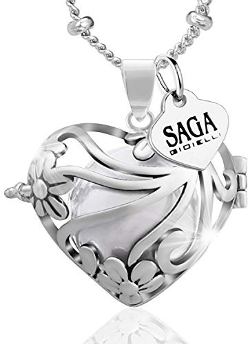SAGA GIOIELLI® - Collar llamando ángeles, bola mexicana con corazón y flores, cadena de acero
