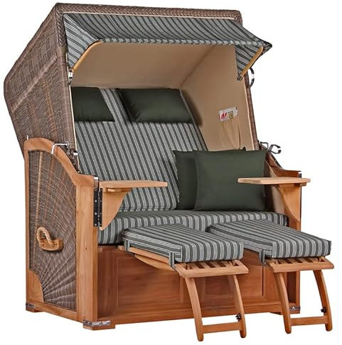MR. DEKO Strandkorb Seeblick 2-Sitzer Teakholz | PE Geflecht Grey | Volllieger verstellbar mit Fußablage | inkl. 4 Kissen + Wechselpolster | Strandkörbe Teak fertig montiert Strandstuhl (Dessin 504)