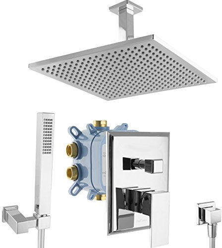 PaulGurkes Regendusche Duschsystem Grundkörper Unterputz Armatur eckig Chrom Handbrause Stabbrause Kunststoff Duscharmatur mit Box großer Duschkopf Messing verchromt Deckenarm kurz Wandanschlussbogen
