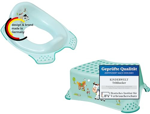 KiNDERWELT 2er Set Premium Toilettensitz und einstufiger Hocker für Kleinkinder -Funny Farm Design aquamarin - Kleine Toilette für Babys und Kleinkinder - Stabiler Hocker mit Anti-Rutsch-Funktion -