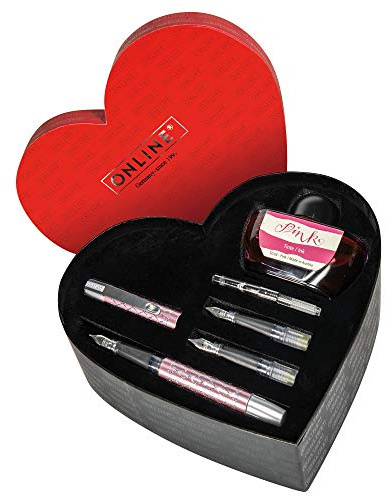ONLINE 61457 Lettering Set in Herzbox I Schönschreibfüller Campus Diamond Rose I Kalligrafie-Federn in 3 Strichstärken M/EF / 1,4 mm I Konverter I Tintenglas Pink I Muttertagsgeschenk