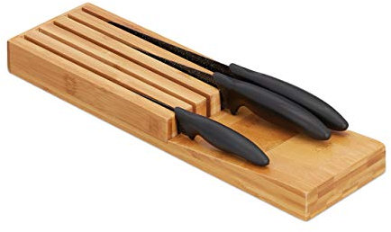 Relaxdays 10028871 Bamboo Knife in-Drawer Block, Storage for 5 Knives, Kitchen, Tabletop Organiser, 3.5 x 11 x 39 cm, Natural