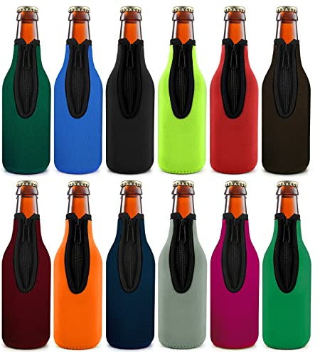 12 Pcs Beer Bottle Insulator Sleeve Different Color. Zip-up Bottle Jackets. Keeps Beer Cold and Hands Warm. Classic Extra Thick Neoprene with Stitched Fabric Edges, Enclosed Bottom, Perfect Fit