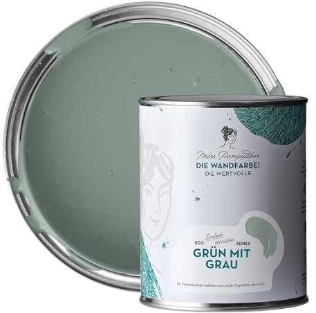 MissPompadour edelmatte Wandfarbe Grün mit Grau 1L - sehr hohe Deckkraft - geruchsneutrale, spritzfreie Farbe - atmungsaktive, wasserbasierte Innenfarbe/Deckenfarbe - Die Wertvolle