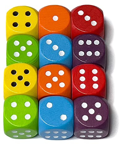 Spieltz Bunte Würfel aus Holz für Brettspiele, 16 mm, produziert in Deutschland (12 Holzwürfel W6 / D6: 2 x Gelb, 2 x Orange, 2 x Rot, 2 x Lila, 2 x Hellblau, 2 x Hellgrün)