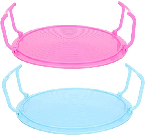 2 Pieces Microwave Folding Tray Multipurpose Oven Plate with Handle Steaming Shelf Baking Rack Anti-Slip Heating Layered Cooking Organiser for Hot Food, Plates, and Dishes (Blue&Pink)