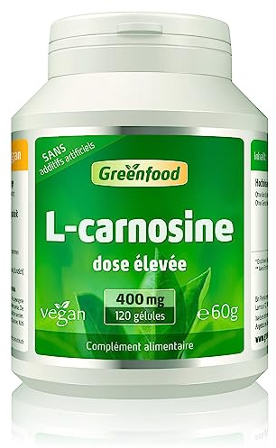 Greenfood L-Carnosine, 400 mg, haute dose, 120 gélules - SANS additifs | L-Carnosine de haute qualité, substance pure, haute biodisponibilité, testé en laboratoire, sans OGM, vegan