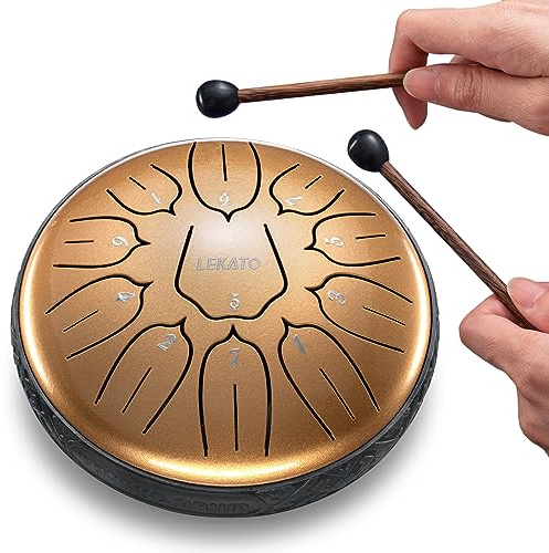 LEKATO Tambor Lengüeta Acero 6 Pulgadas 11 Nota D Major, Oro Perlado | Tongue Drum para Meditación, Yoga, Educación Musical, Libro de Música, Mazas de Tambor, Bolsa de Transporte, Principiante