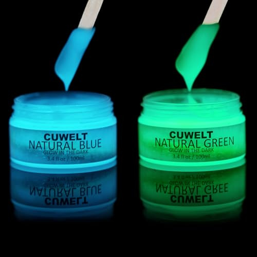 CUWELT Nachtleuchtend Acrylfarben Set, 2X100ml Fluoreszierende Leuchtfarben | Nachtleuchtende Farben, Acryl Glow in The Dark Farbe, Leuchtende Farbe für Halloween-Dekoration, Grün und Blau