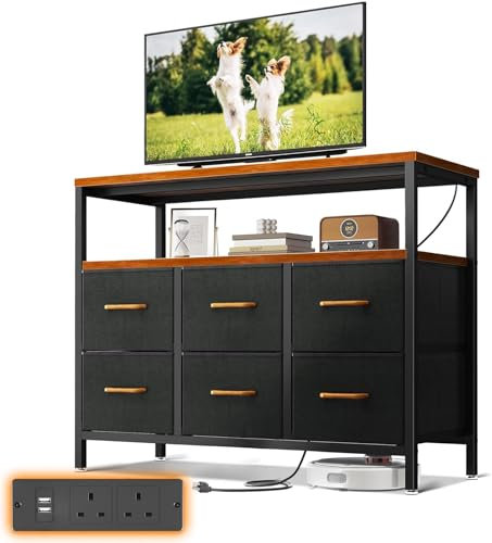 ODK Chest of Drawers Bedroom with 6 Drawers, Fabric Storage Drawers with 2 USB and 2 Sockets, Dresser Suitable for Bedrooms, Living Rooms, Sturdy Storage Dresser with Shelves, Retro Color