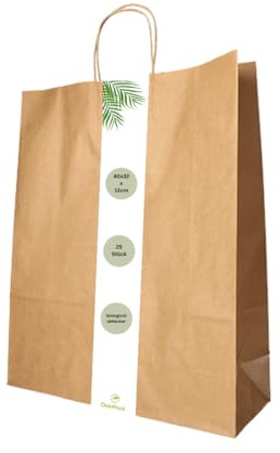 DeinPack 25 Umweltschonende Papier Tragetaschen 32 x 12 x 41 cm groß I Papiertüten Geschenktüten Papiertragetaschen biologisch abbaubar, kompostierbar I braune Papier Tüten
