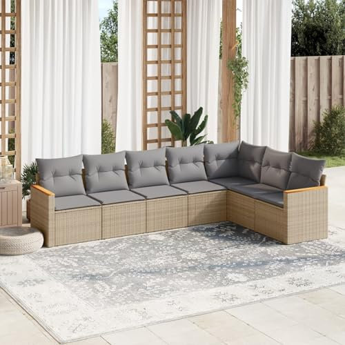 SECOLI XXL Rattan Lounge Con Stauraum Loungemöbel Set Terrassenmöbel Gartenlounge Loungesofa Sitzgruppe Rattan Ecklounge Ecksofa Garten Gartenmöbel Set Beige 7-TLG-Type-158
