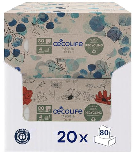 œcolife Taschentücher RECYCLING, 4-lagig, 1600 Tücher, 20 Packungen à 80 Stück, Recyclingpapier