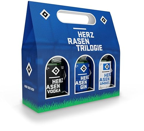 HERZRASEN HSV Geschenk Trilogie Set 42% Vol. 3x 100 ml Gin Vodka Kümmel | Hamburger Alkohol Geschenkset mit echtem Volksparkstadion Rasen - Premium Geschenke Box für HSV Fans