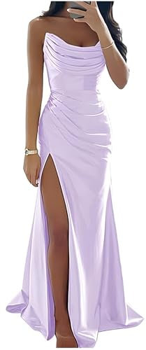 YIANN Lilac Prom Dresses 2025 with Slit for Teens Strapless Mermaid Satin Formal Dress Evening Gown for Wedding Party UK22